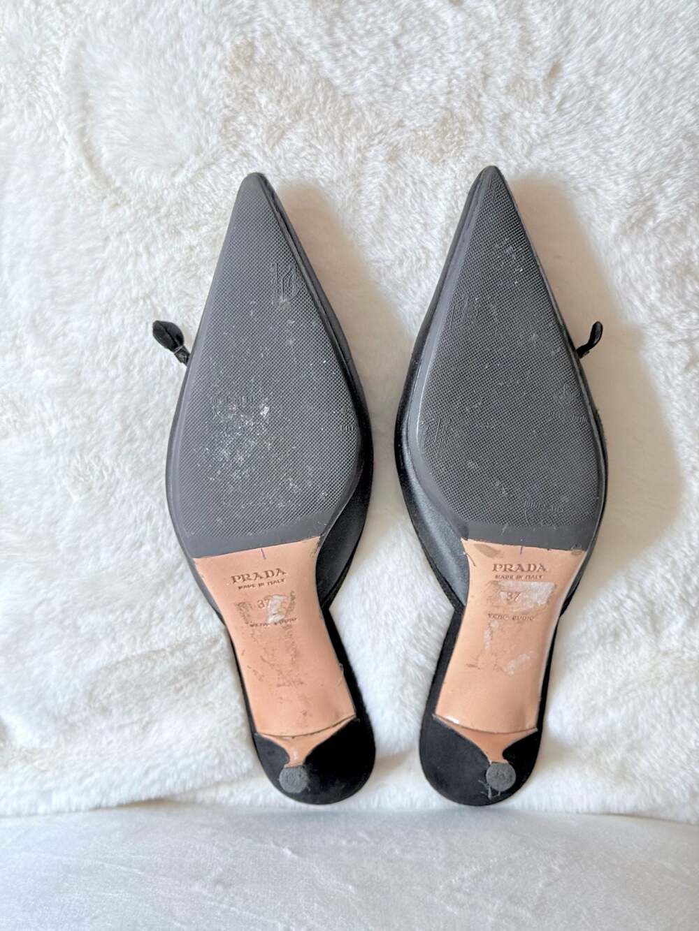 Prada Vintage Black Satin and Suede Kitten Heel Mules with Floral Accents - Picture 6 of 7
